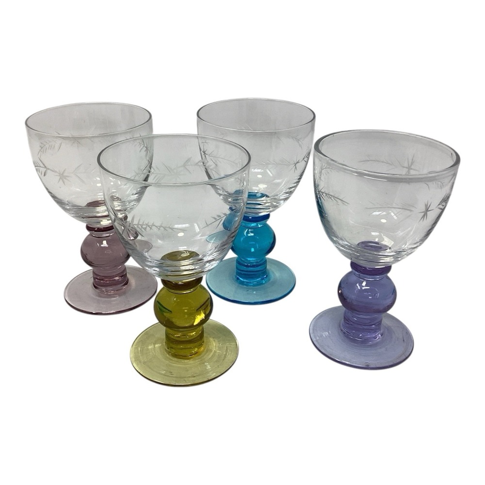 MCM (4) Cordial Glasses Etched  With Blown Glass Colored Ball Stems Pastel